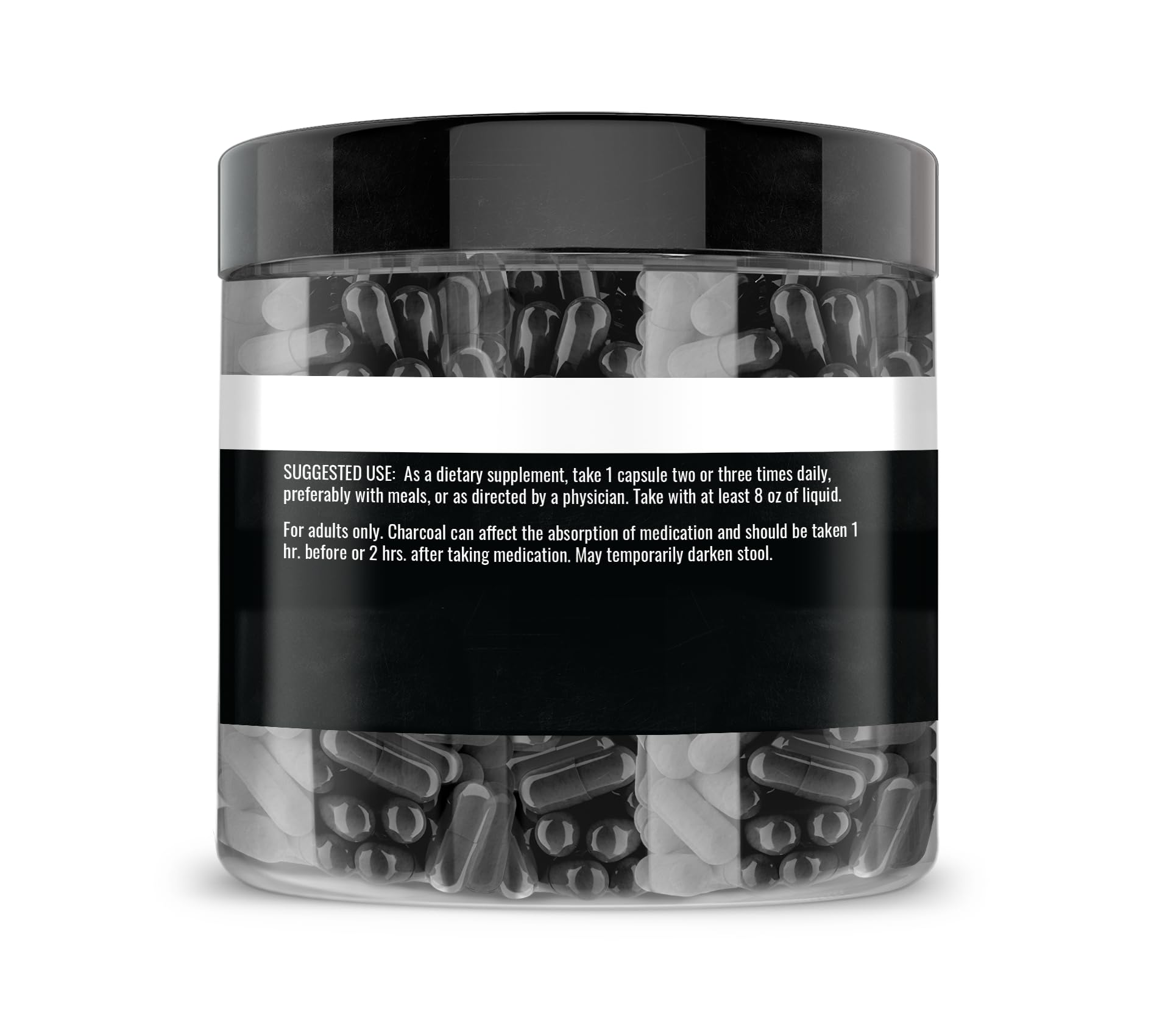 Odorless non-toxic premium activated charcoal 525 mg capsules shown outside of the packaging