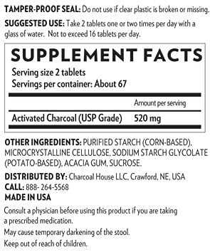 Charcoal House chewable detox and nausea relief tablets nutrition facts label view