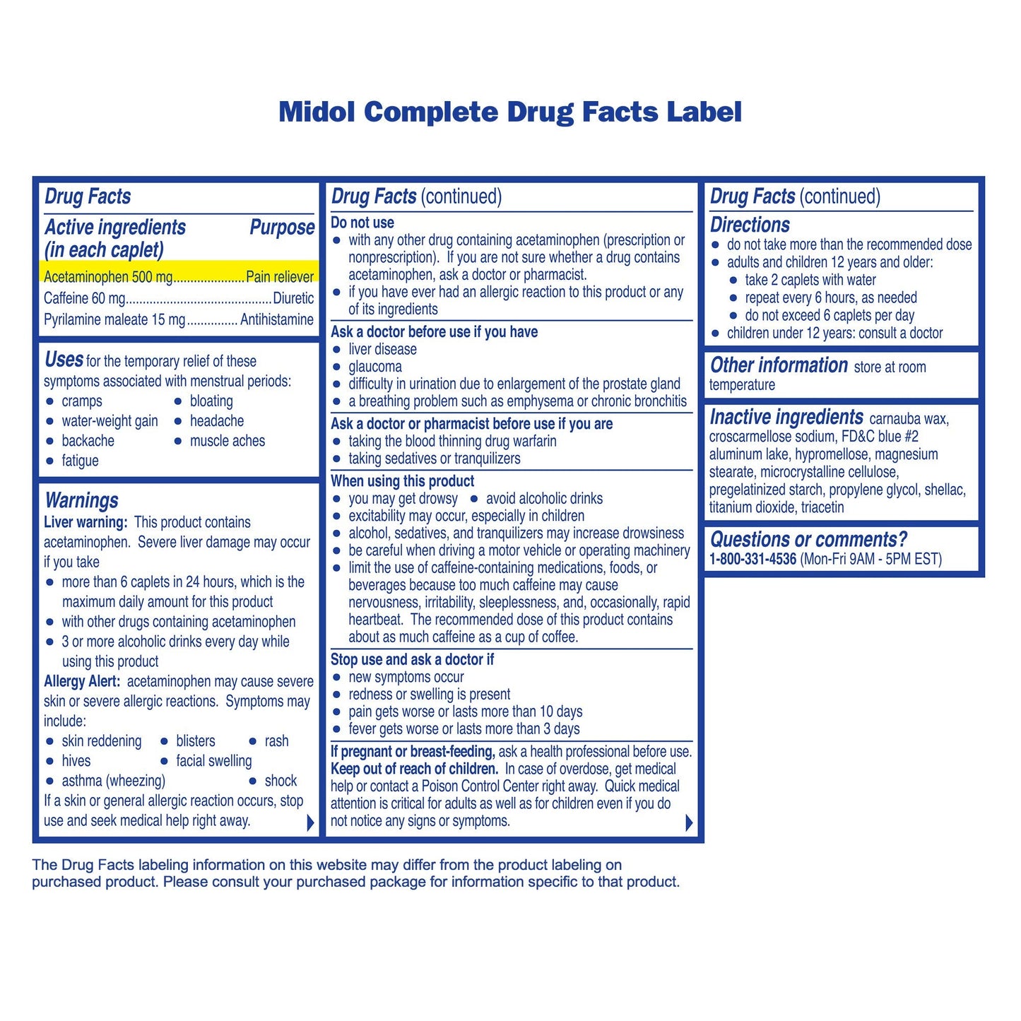 USA sourced Midol menstrual period relief caplets for bloating and headache