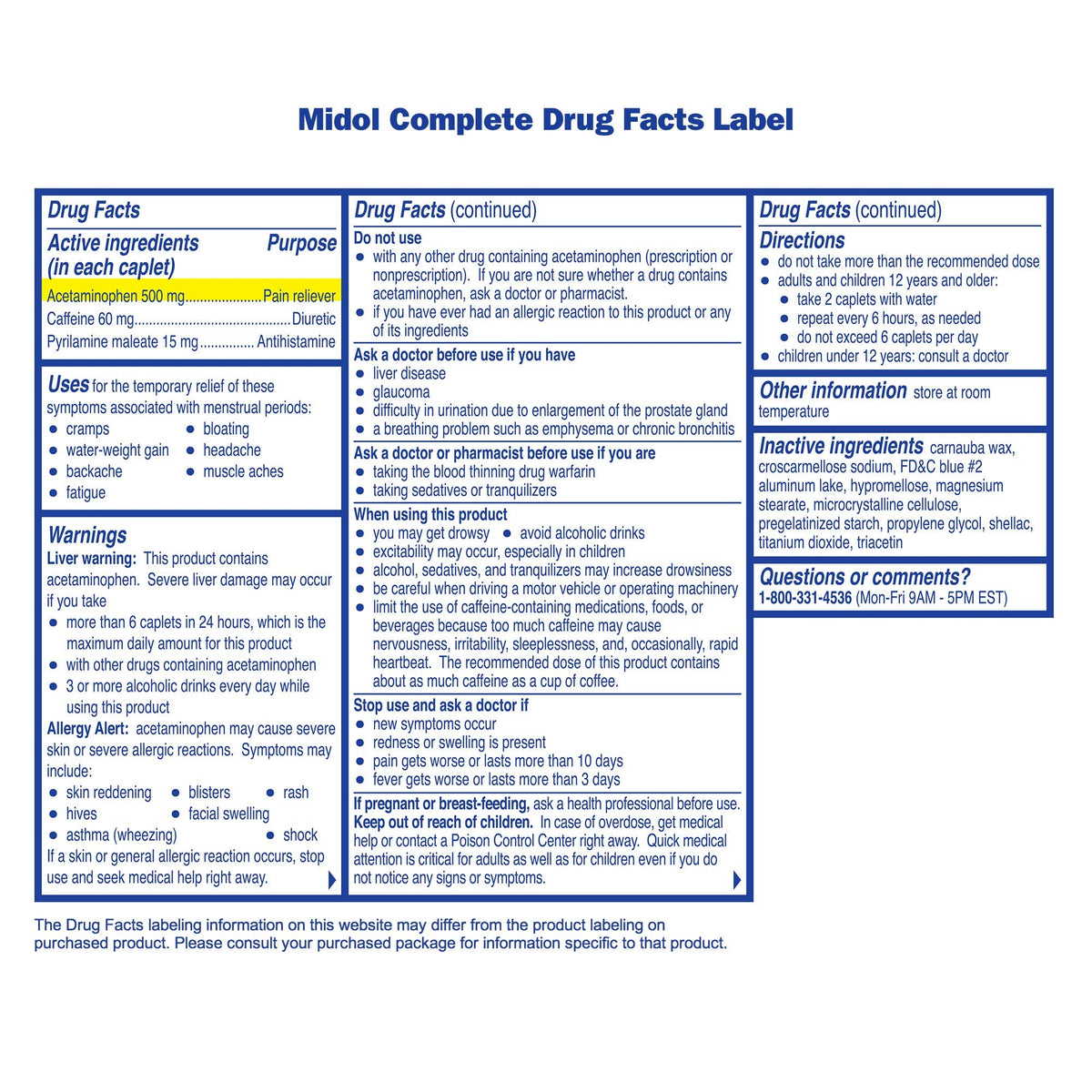 USA sourced Midol menstrual period relief caplets for bloating and headache
