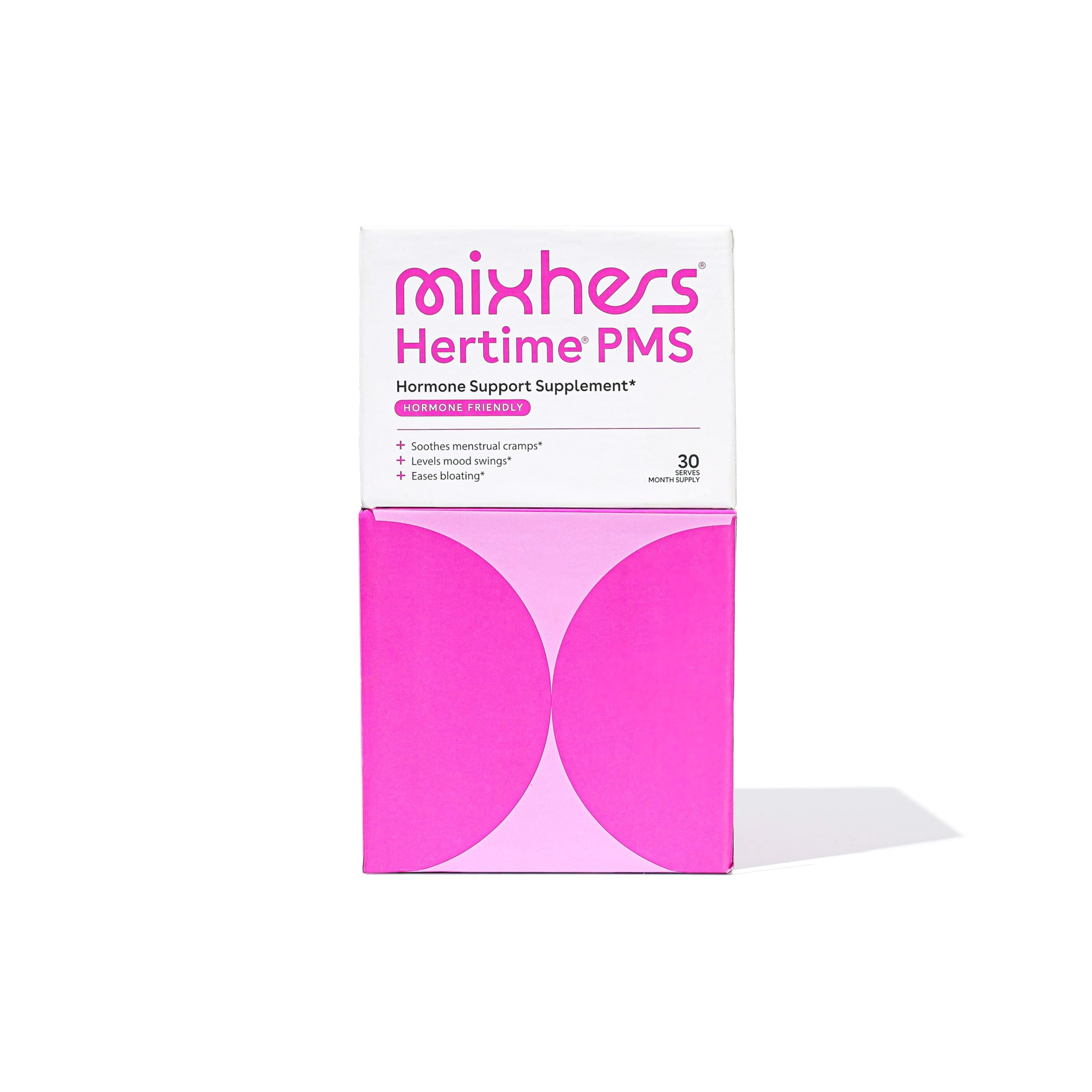 Mixhers Hertime PMS drink mix packet with pomegranate and mango fruit icons