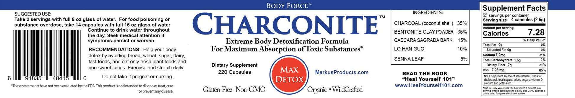 Premium Body Force Charconite detoxification capsules dietary supplement packaging details.