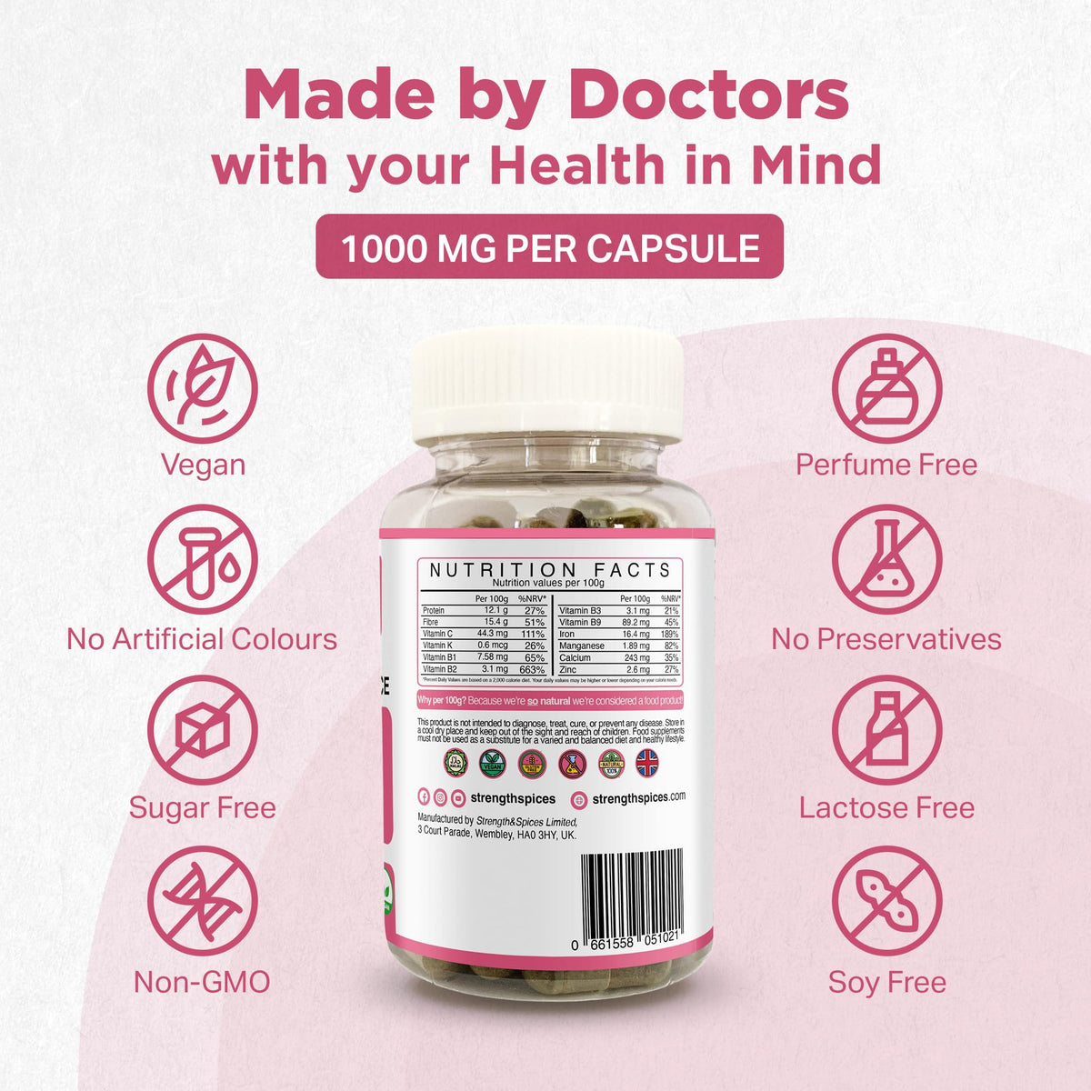 Ingredients list on Strength and Spices supplement bottle