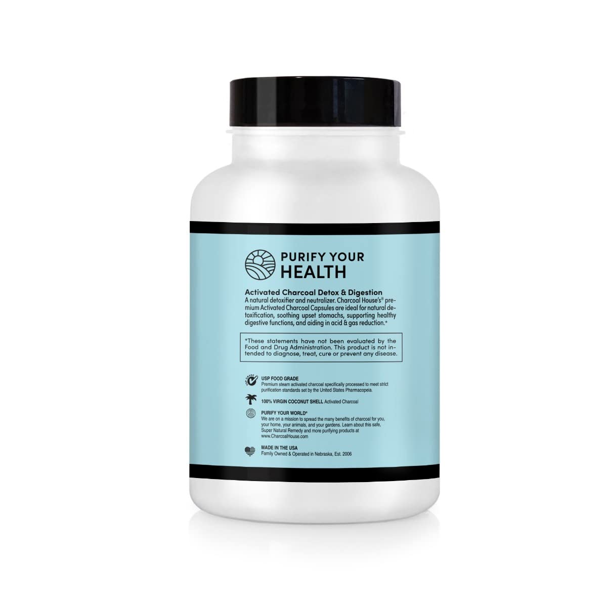 Back label of Charcoal House 125 vegetarian capsules showing 300mg dosage and pure ingredients
