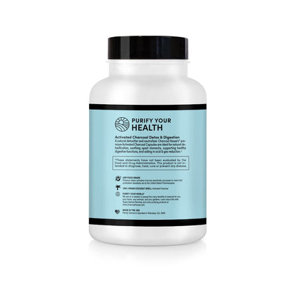 Back label of Charcoal House 125 vegetarian capsules showing 300mg dosage and pure ingredients