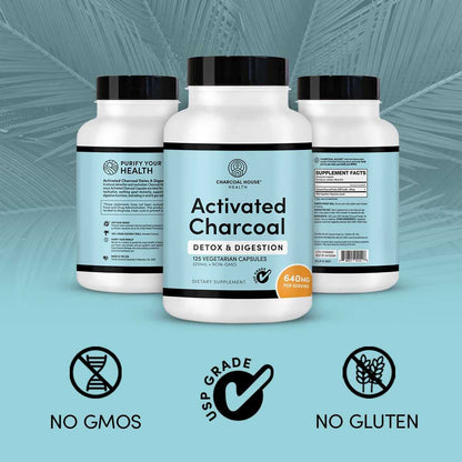 Side view of the Charcoal House authentic USA imported digestive health supplement bottle