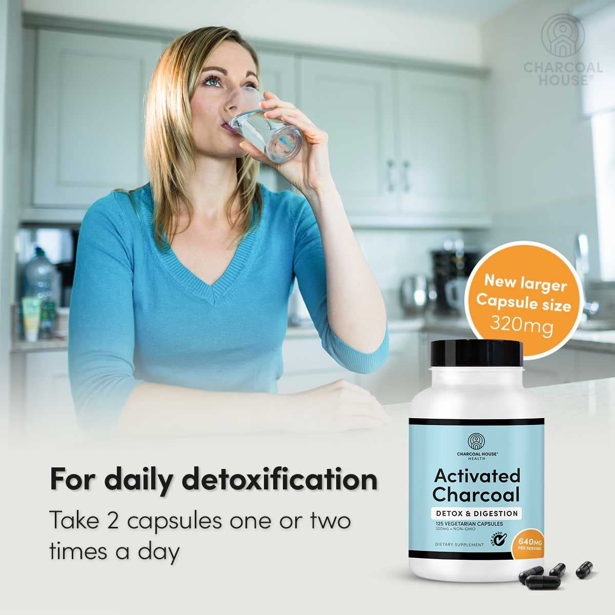 Close-up of the travel-friendly Charcoal House 100 percent pure coconut shell charcoal pills