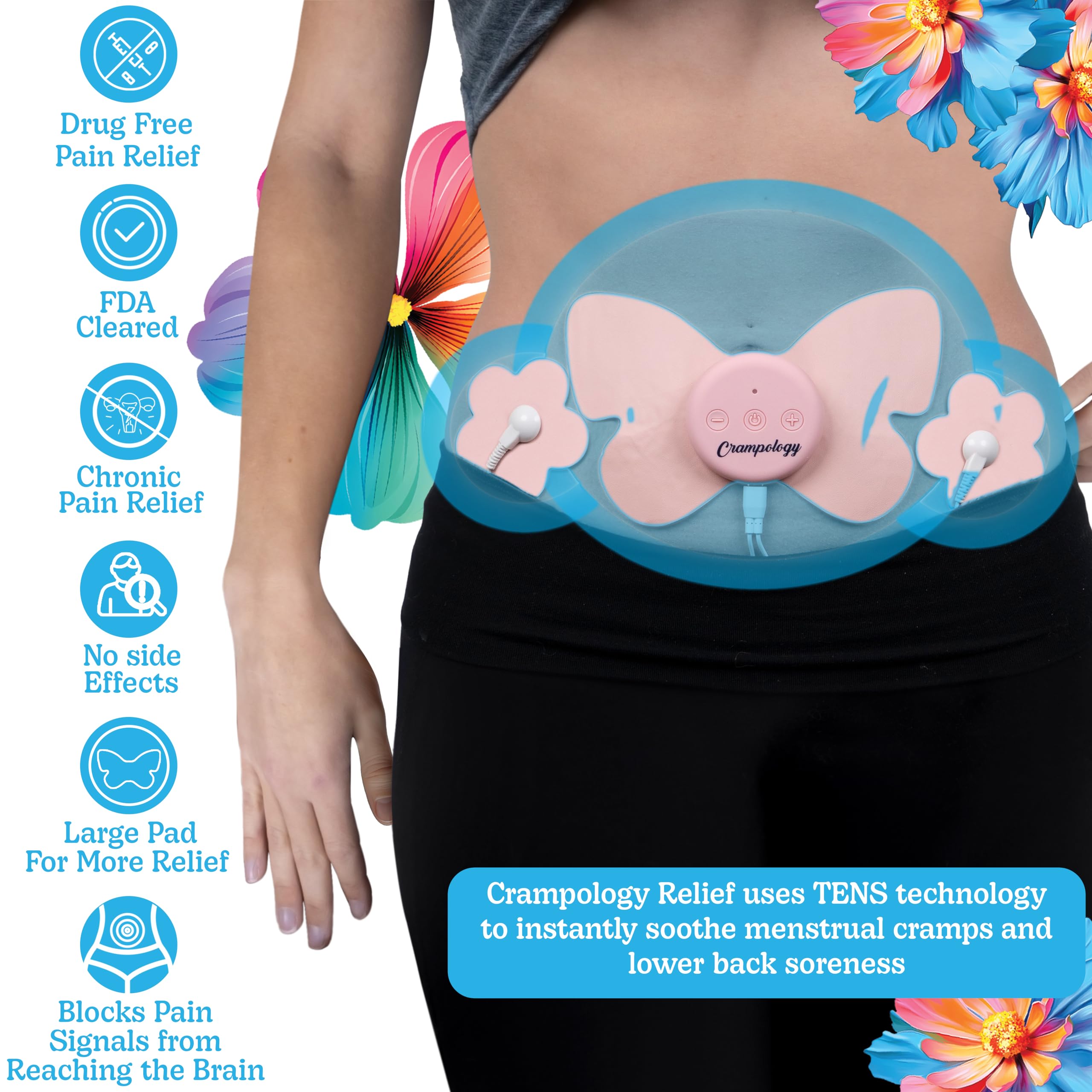 Crampology period pain relief device with wireless settings