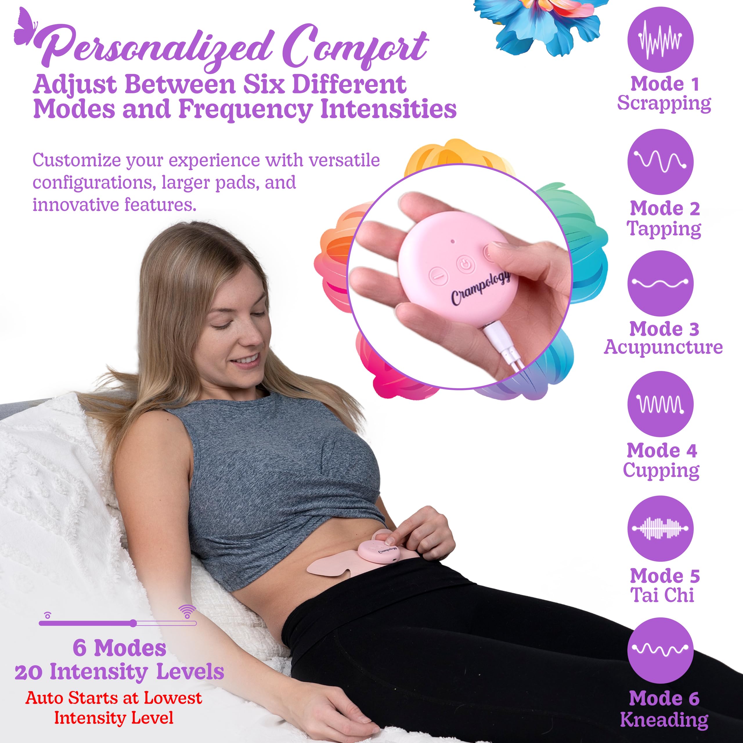 Crampology menstrual relief device with adhesive gel pads