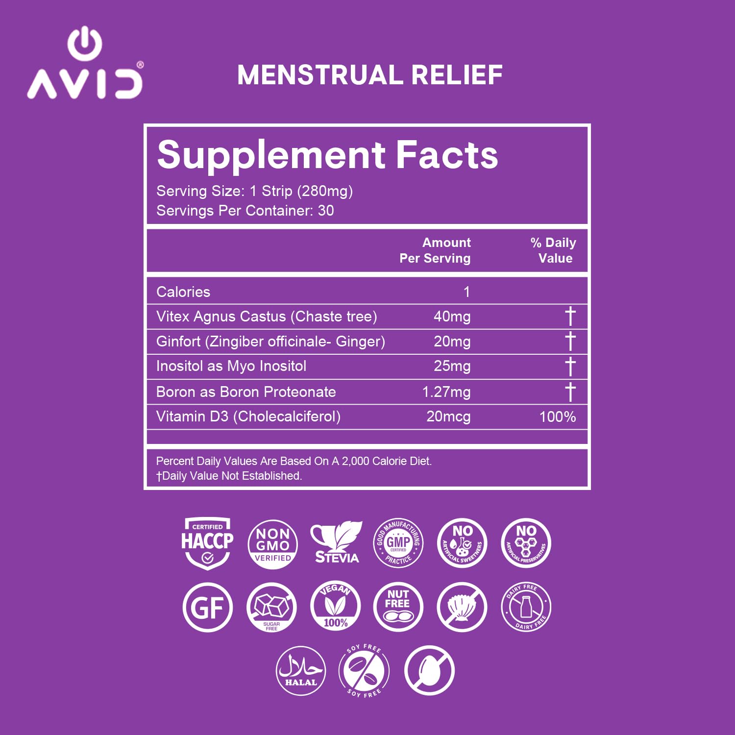 Close up of 30 count edible menstrual relief strips