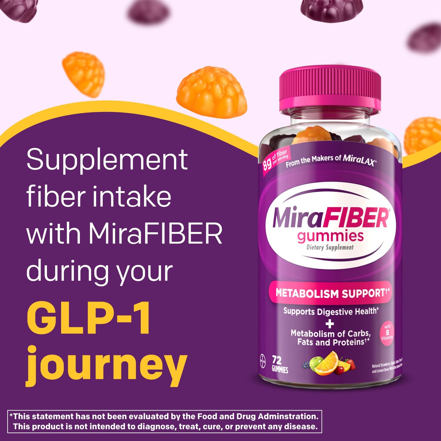 MiraLAX MiraFIBER Prebiotic 72 Gummies supplement facts label showing ingredients