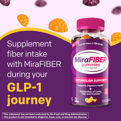 MiraLAX MiraFIBER Prebiotic 72 Gummies supplement facts label showing ingredients