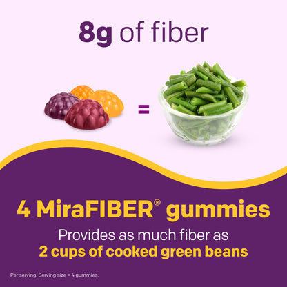 MiraLAX MiraFIBER daily fiber gummies assorted fruit flavors close up view