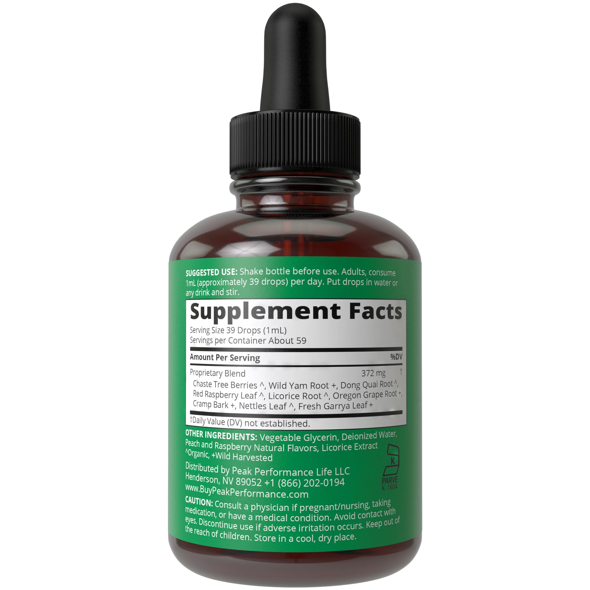 Close up of Peak Performance herbal supplement dropper bottle