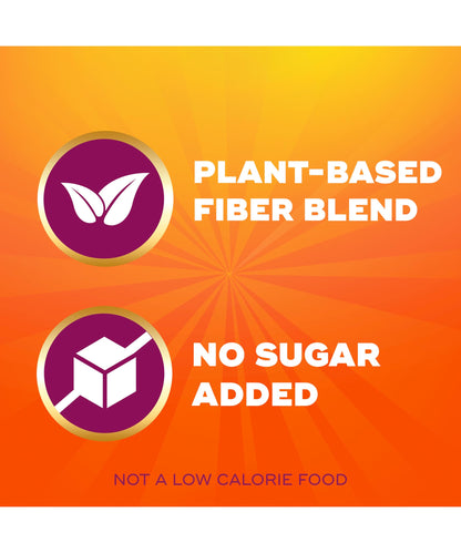 Close up of Metamucil orange flavored fiber gummies label displaying zero added sugar