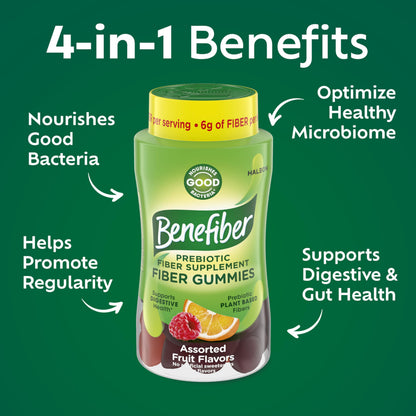 Benefiber eighty one count assorted fruit flavor prebiotic chewable gummies side label