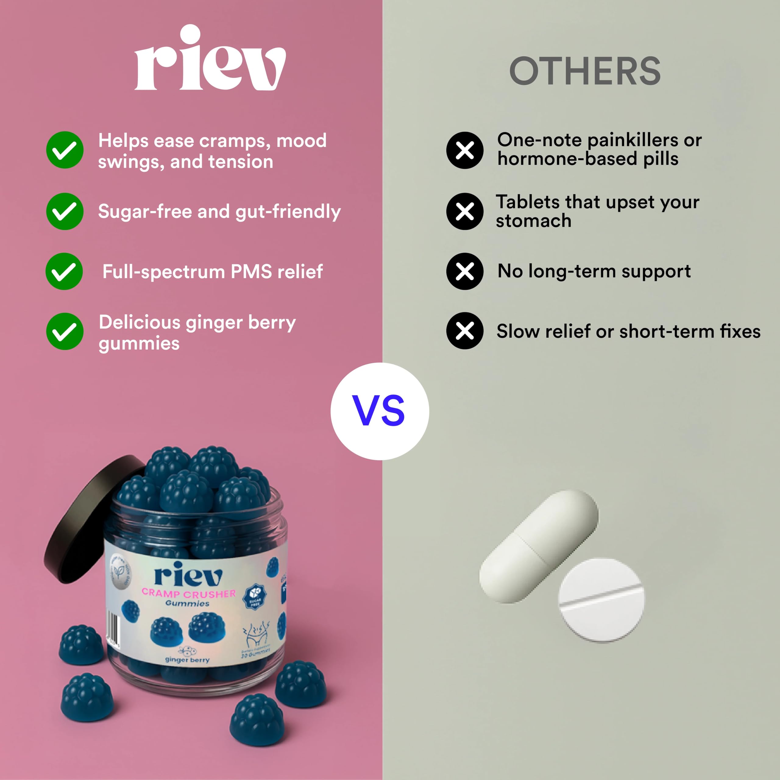 Ginger berry flavored Riev Cramp Crusher gummies in a glass bowl