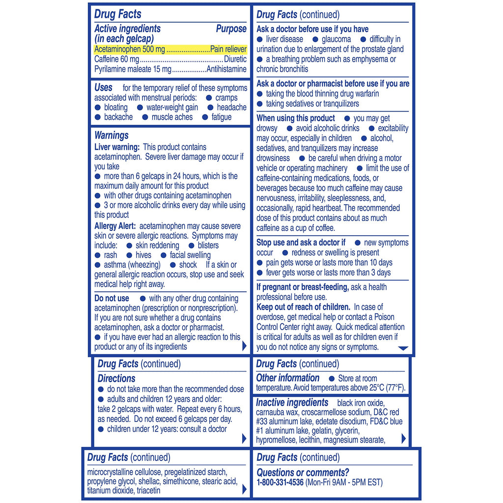 Midol Complete 24 count three pack packaging showing active ingredients for cramps.