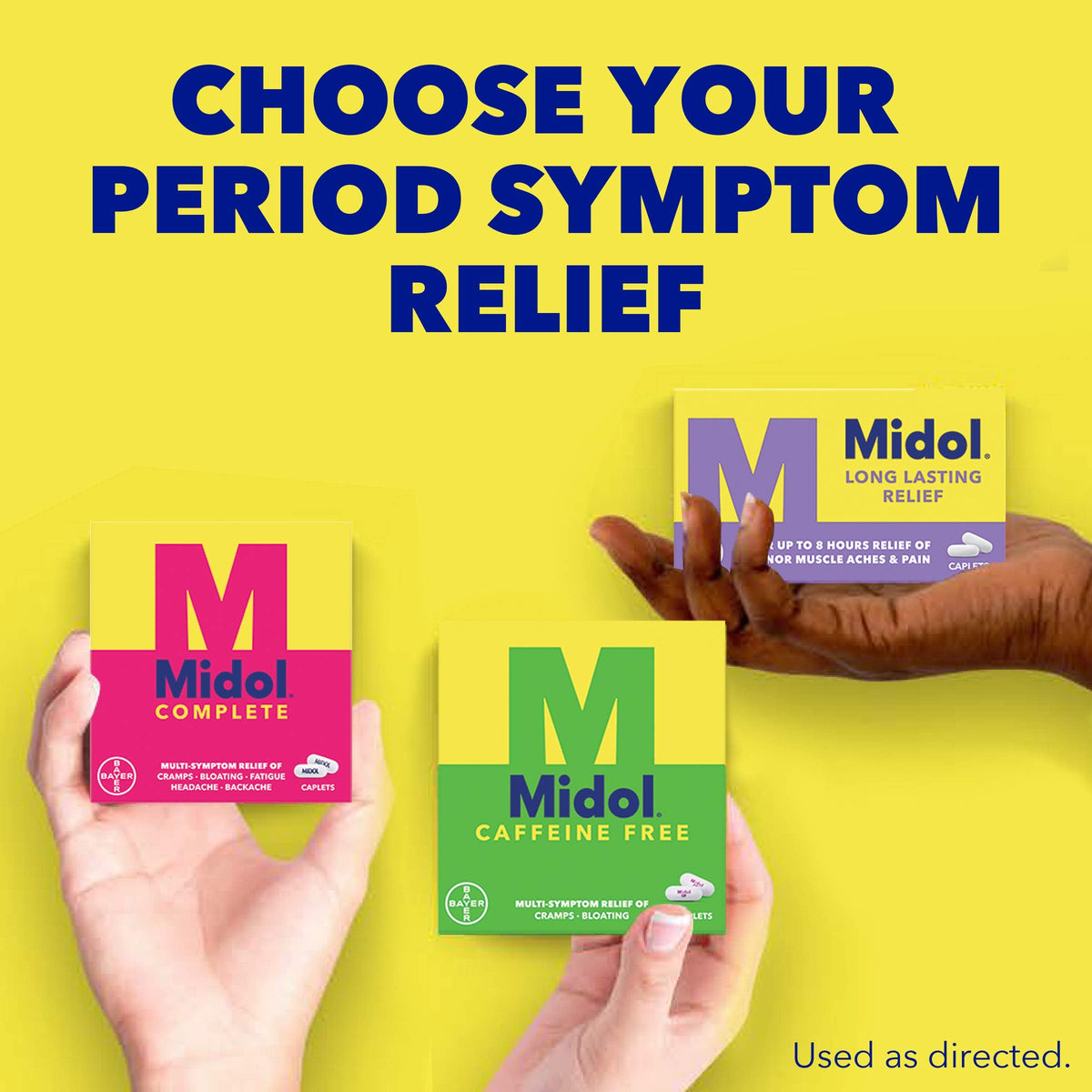 Three pack bundle of Midol Complete menstrual pain relief medication for women.