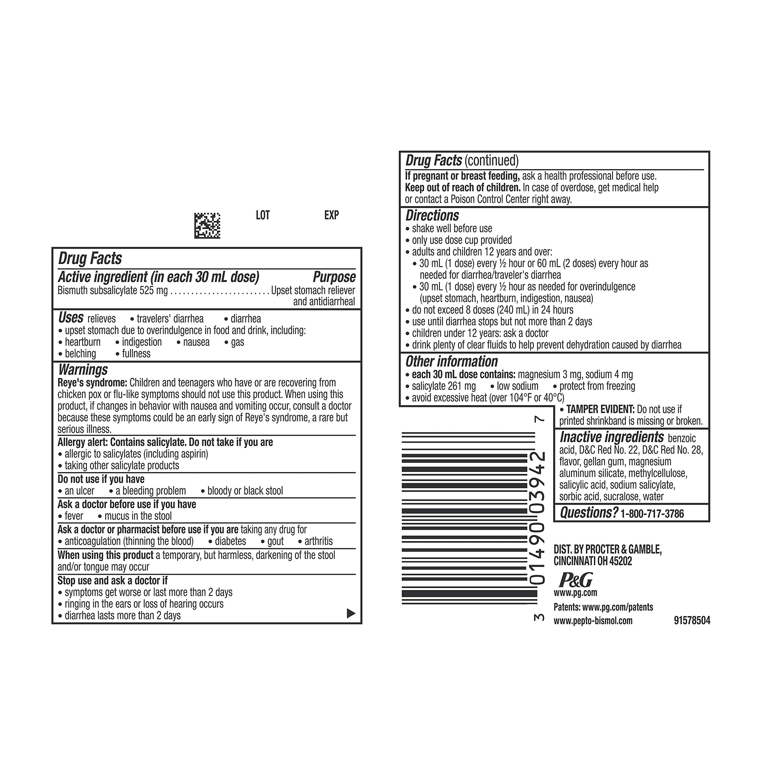 Pepto Bismol digestive suspension bottle showing 5 symptom relief benefits on the packaging