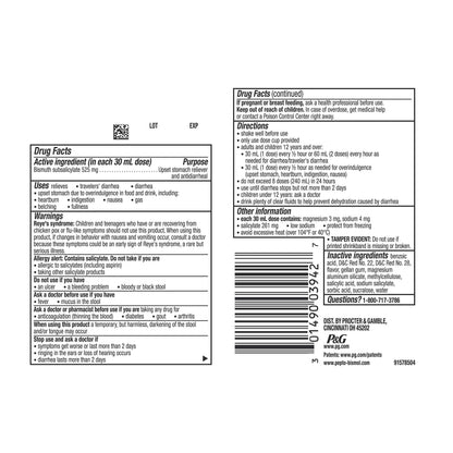 Pepto Bismol digestive suspension bottle showing 5 symptom relief benefits on the packaging