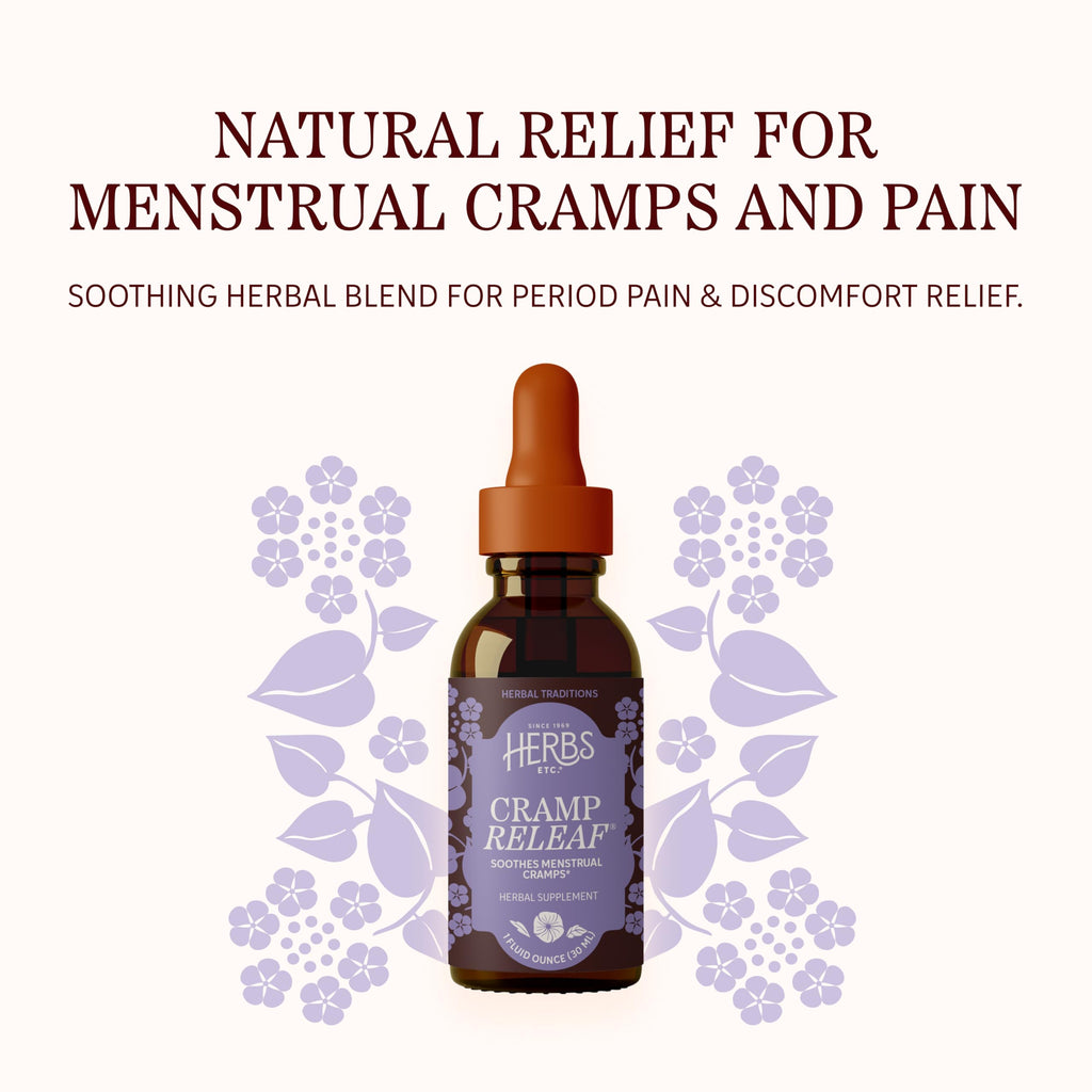 Herbs Etc. Cramp ReLeaf 1 fluid ounce liquid tincture showing supplement facts and organic ingredients.
