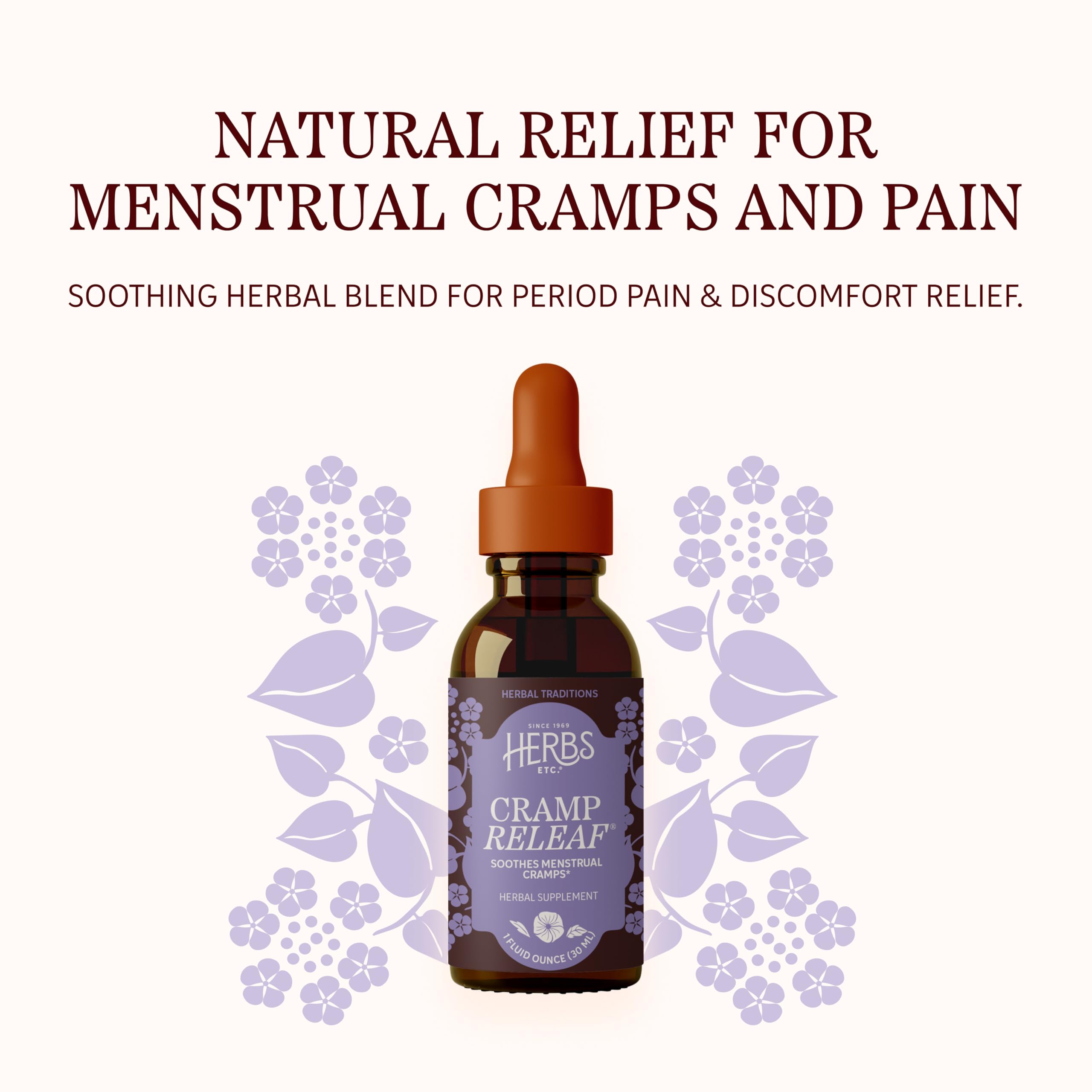 Herbs Etc. Cramp ReLeaf 1 fluid ounce liquid tincture showing supplement facts and organic ingredients.