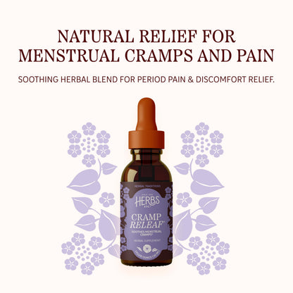 Herbs Etc. Cramp ReLeaf 1 fluid ounce liquid tincture showing supplement facts and organic ingredients.