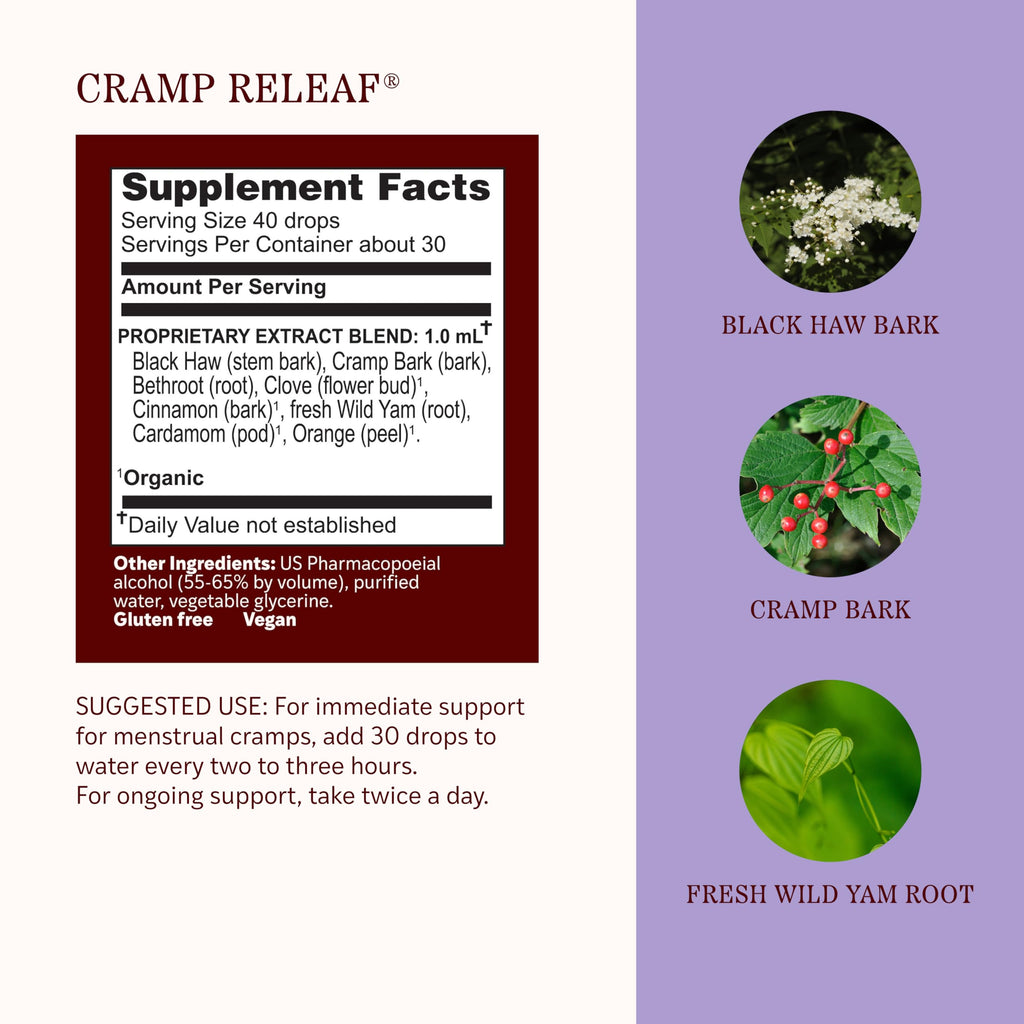 Herbs Etc. Cramp ReLeaf Menstrual herbal supplement bottle showcasing the easy to use dropper cap.
