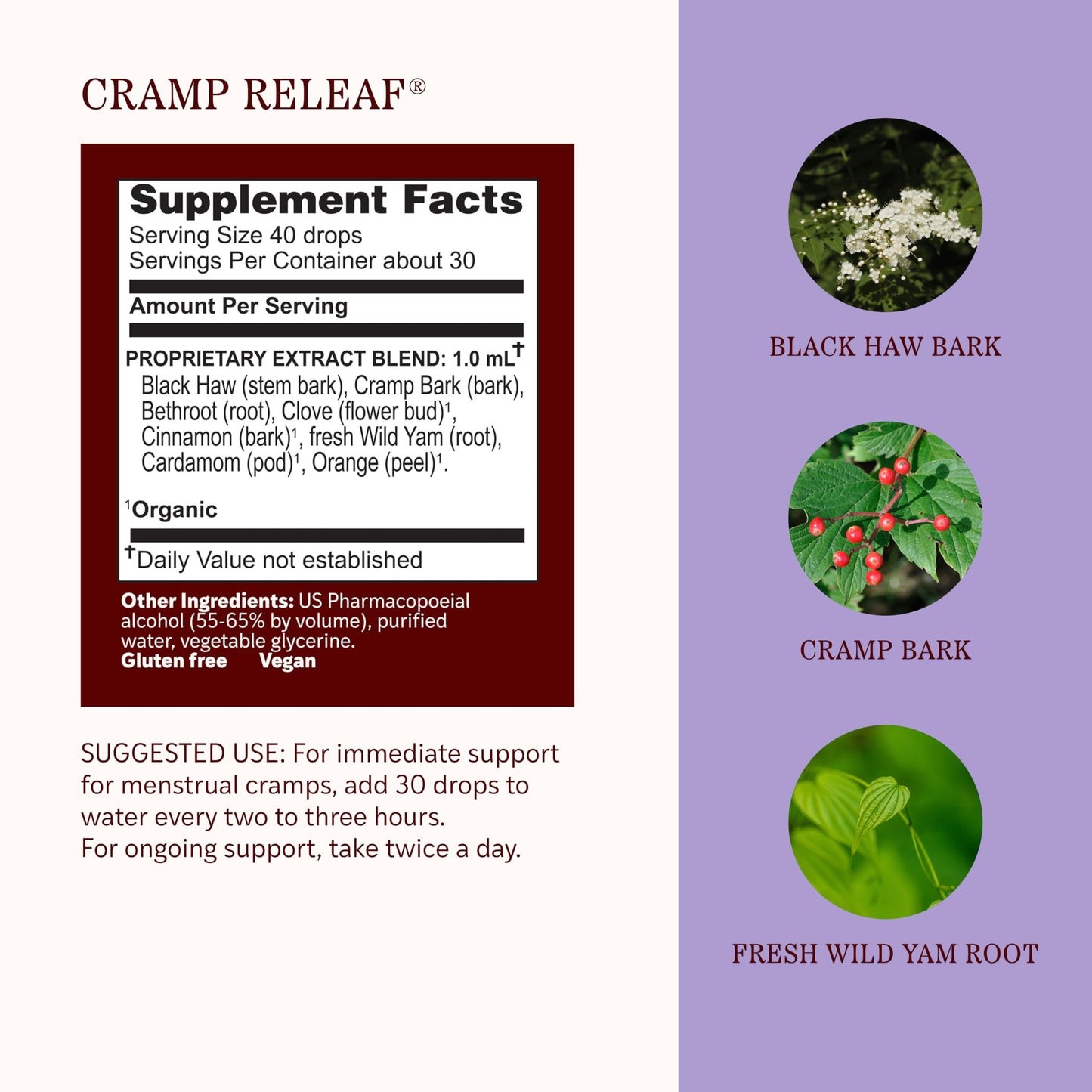 Herbs Etc. Cramp ReLeaf Menstrual herbal supplement bottle showcasing the easy to use dropper cap.