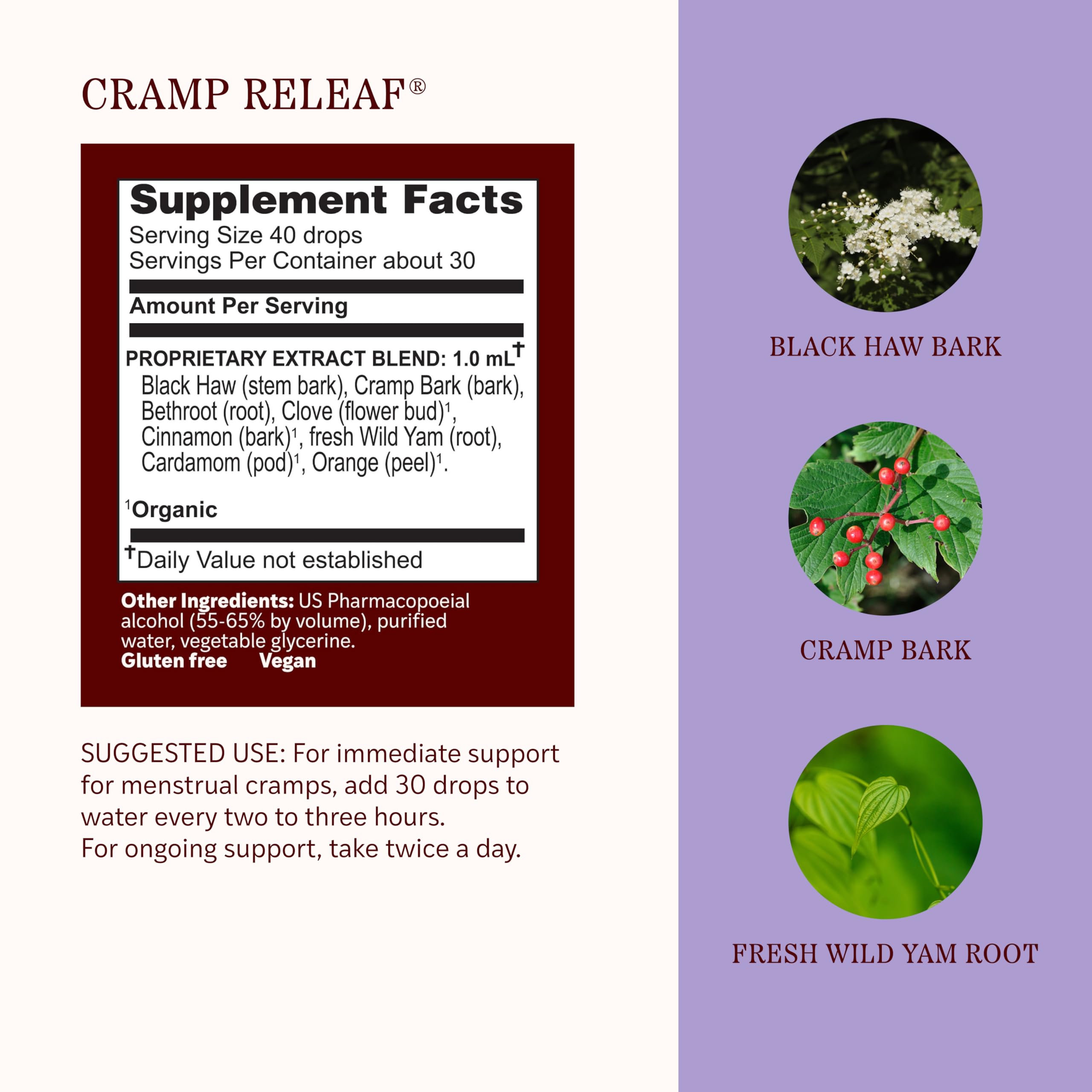 Herbs Etc. Cramp ReLeaf Menstrual herbal supplement bottle showcasing the easy to use dropper cap.