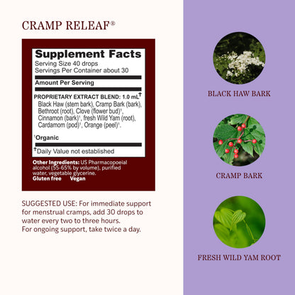 Herbs Etc. Cramp ReLeaf Menstrual herbal supplement bottle showcasing the easy to use dropper cap.