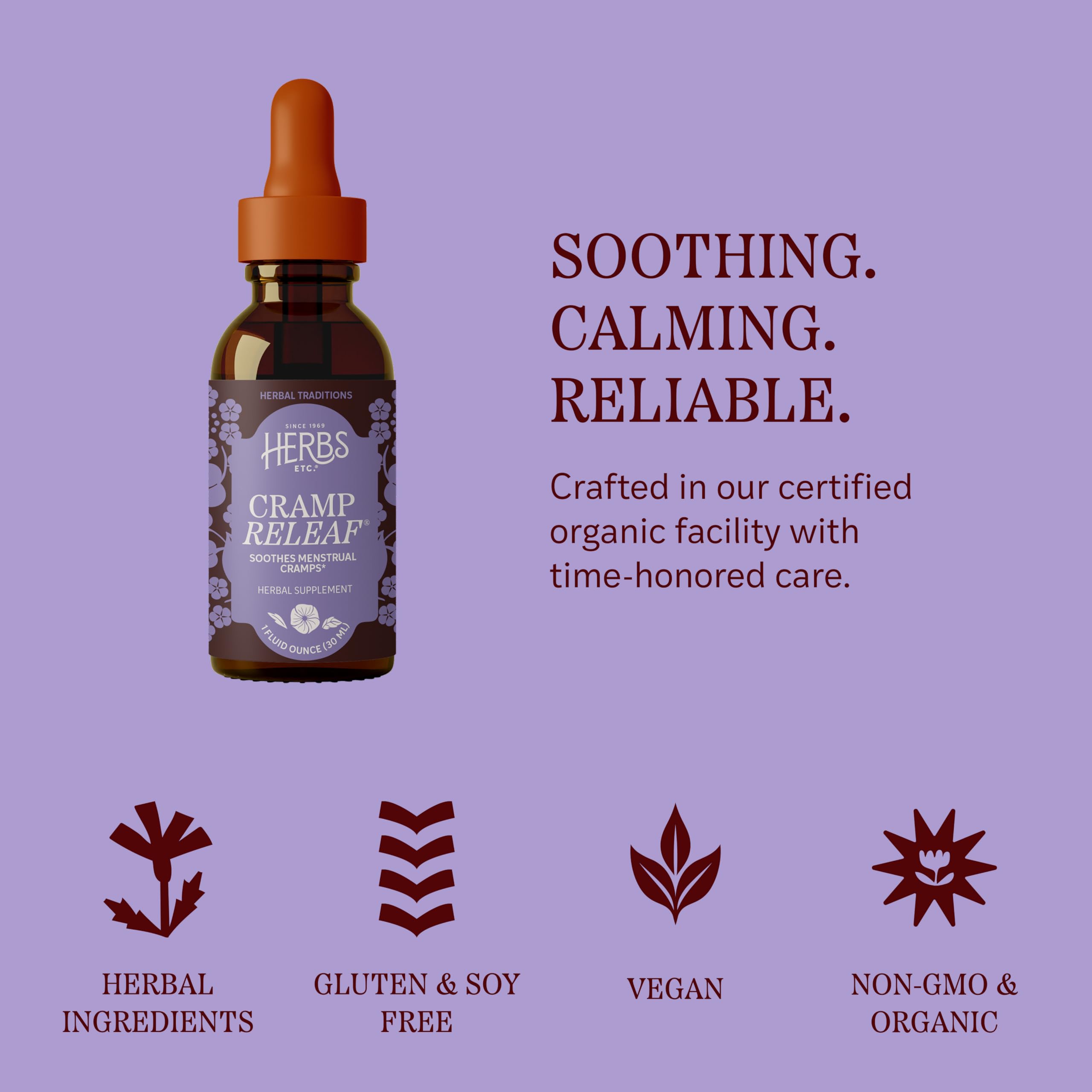 Authentic USA imported Herbs Etc. Cramp ReLeaf menstrual cycle support liquid extract for women.