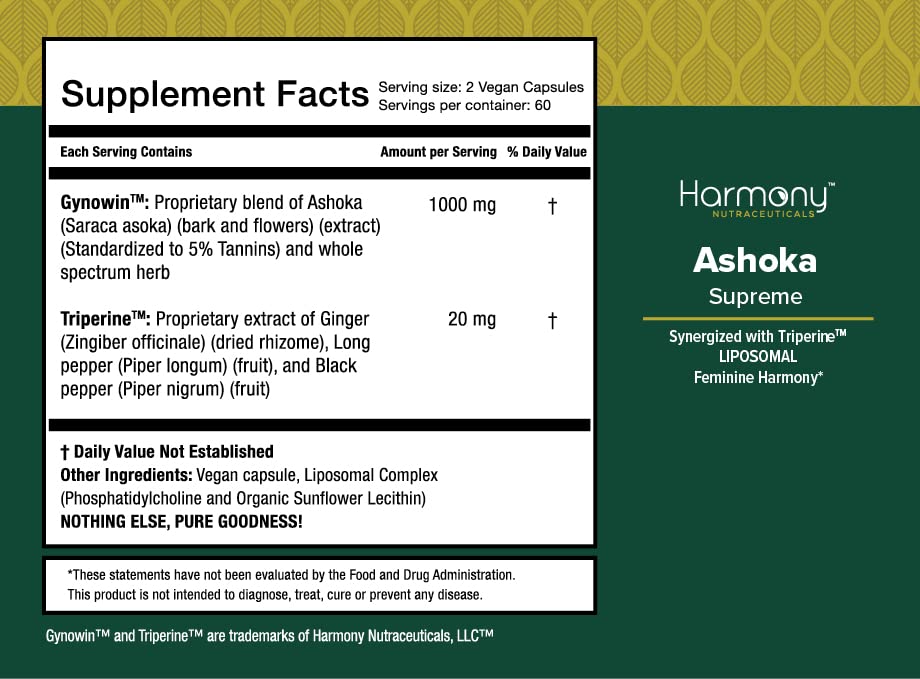 Harmony Nutraceuticals Saraca Asoca supplement label showing 120 veggie capsules count
