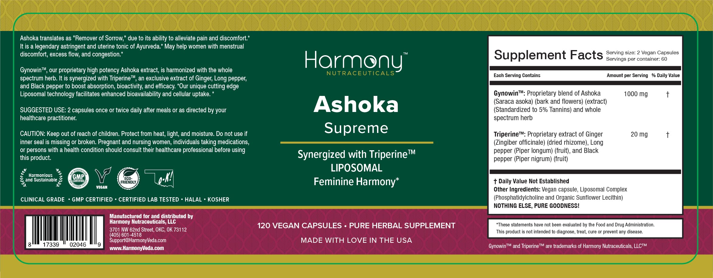Premium Ashoka Supreme hormonal comfort capsules dietary facts and Triperine blend ingredients
