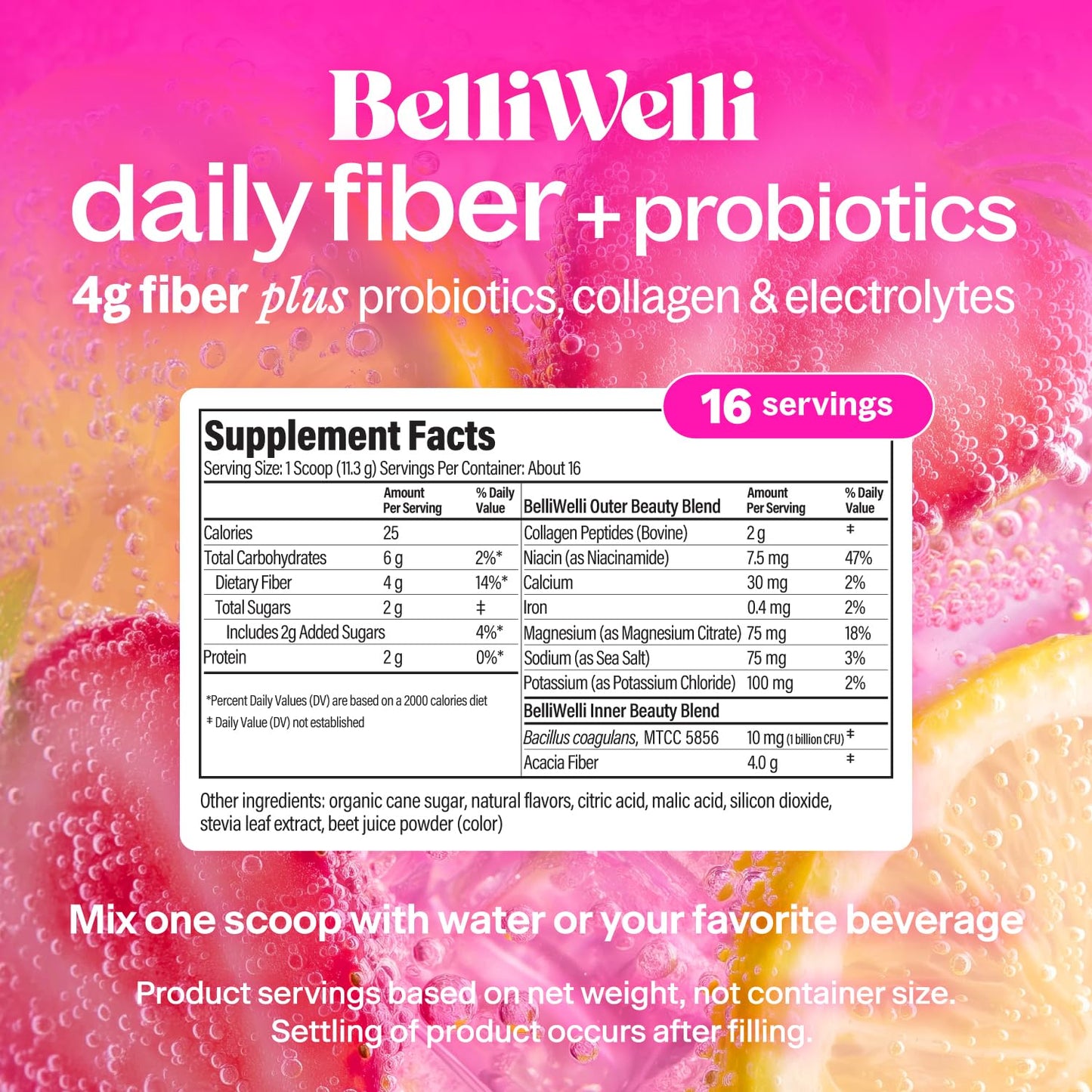 BelliWelli 4 in 1 gut health powder supplement nutritional facts label close up.