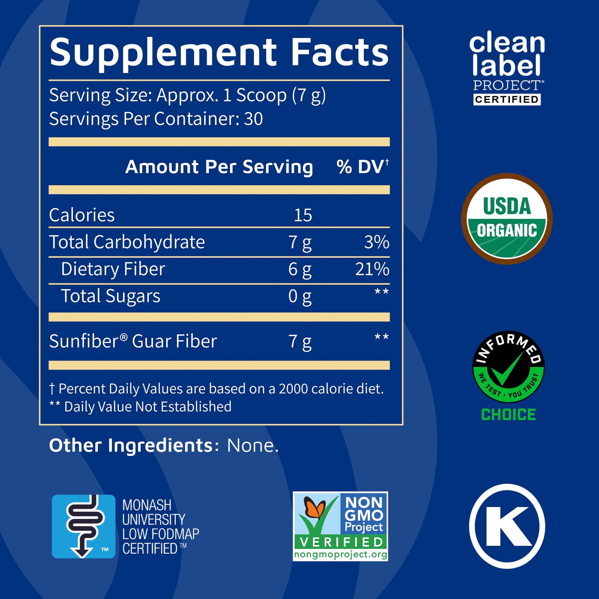 Tomorrow's Nutrition Sunfiber 30 servings unflavored supplement nutrition facts label view.
