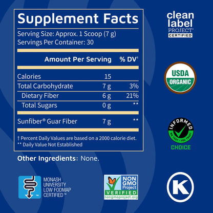 Tomorrow's Nutrition Sunfiber 30 servings unflavored supplement nutrition facts label view.