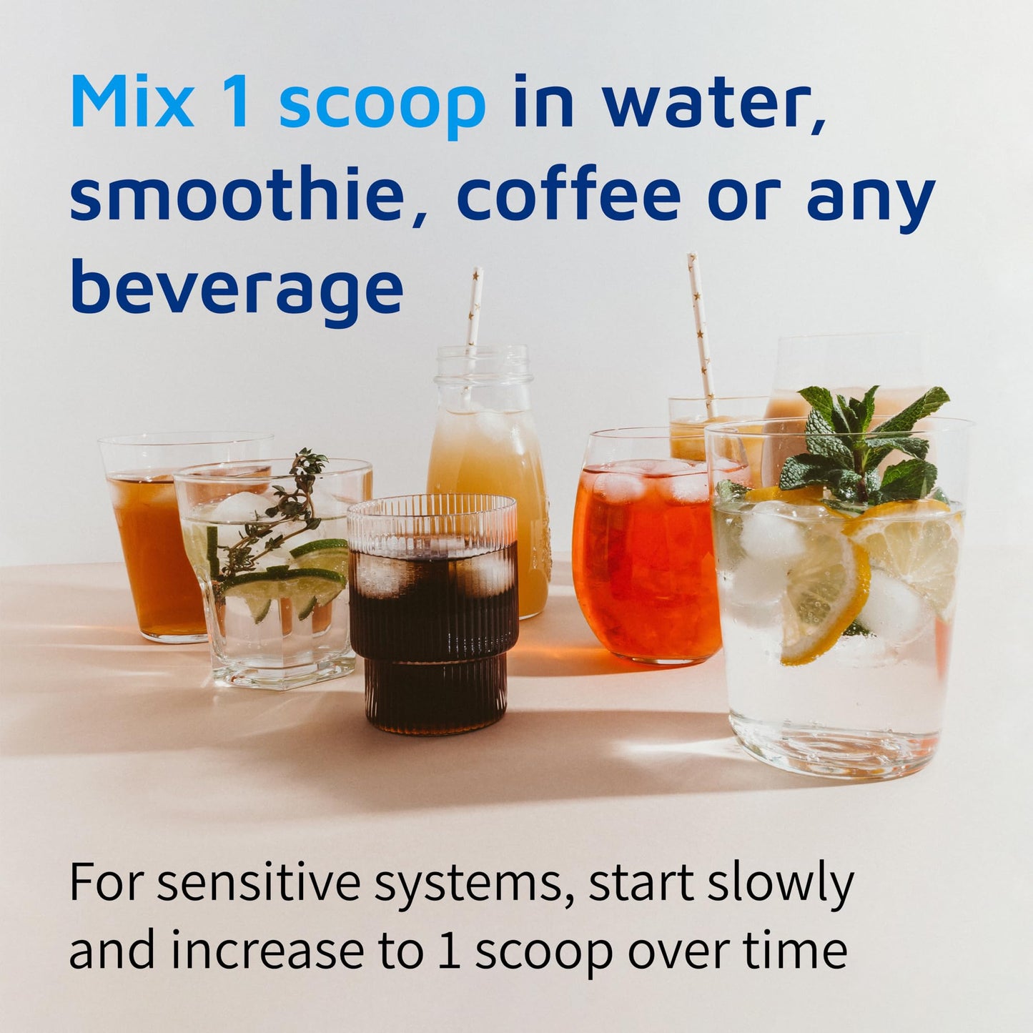 Tomorrow's Nutrition Sunfiber container placed next to a clear glass of water.