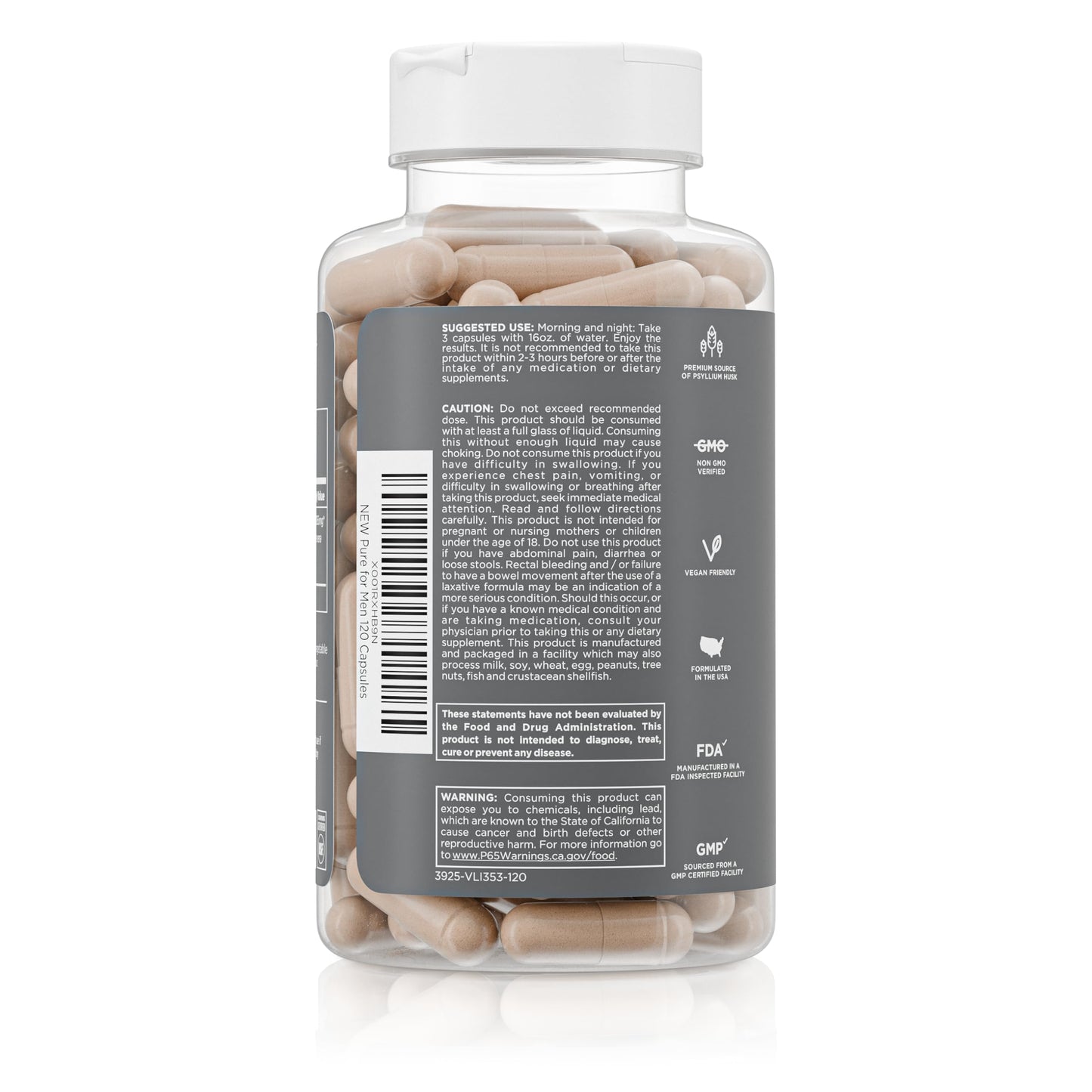 Supplement bottle showing nutritional facts and daily dietary fiber serving size instructions.