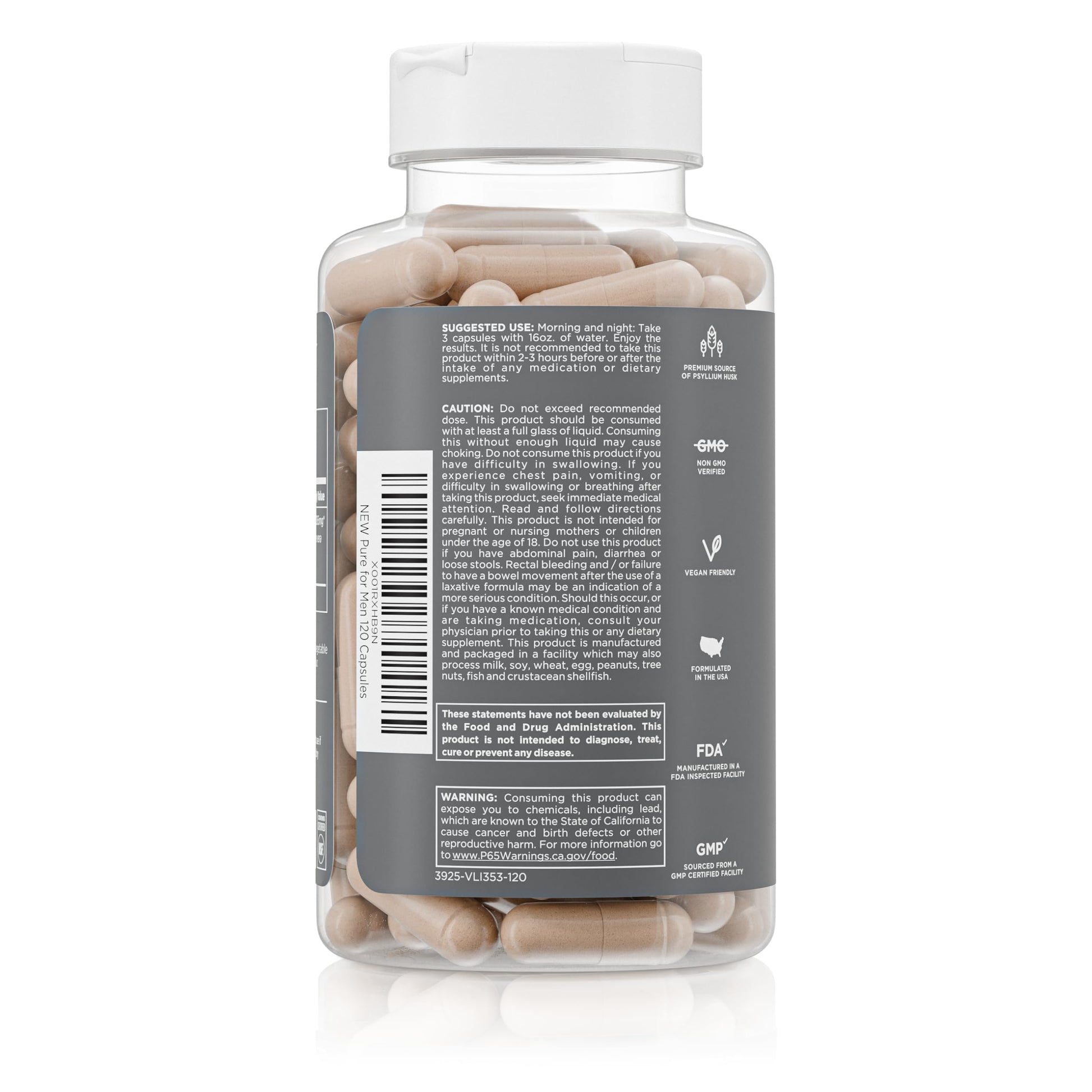 Supplement bottle showing nutritional facts and daily dietary fiber serving size instructions.