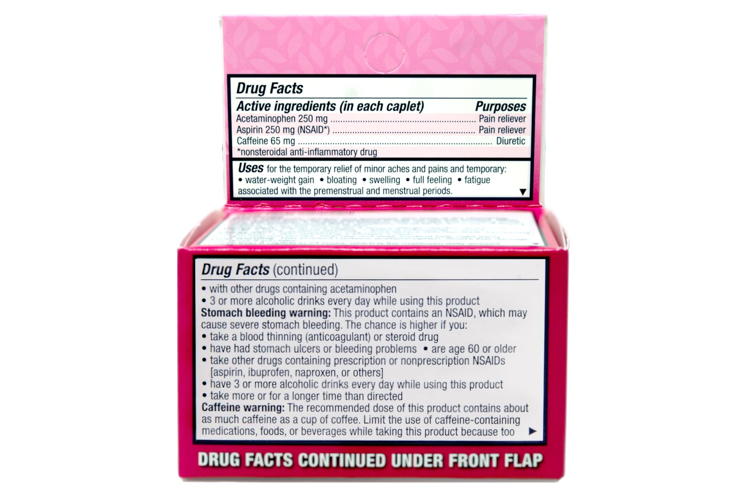 Pamprin Max Pain and Energy caplets for bloating and fatigue treatment.