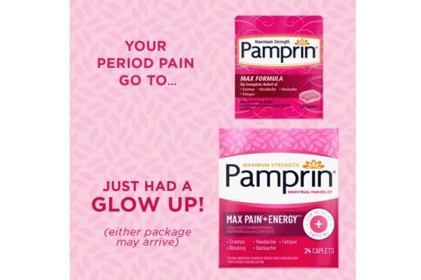 Pamprin Max Pain Plus Energy warnings and drug facts chart view.