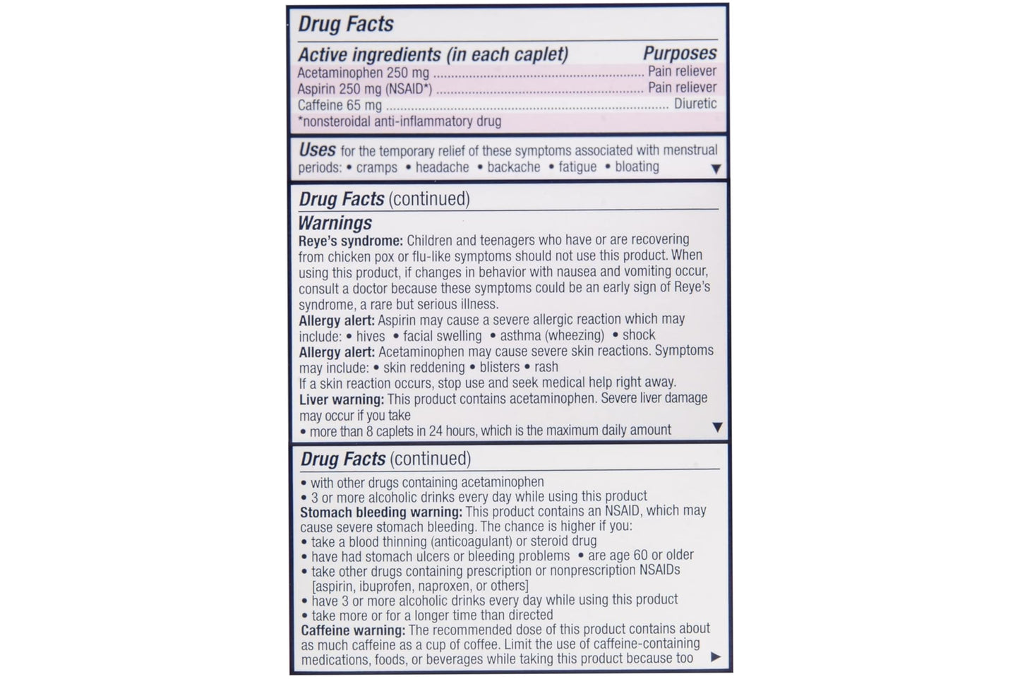 Pamprin menstrual cramps and water weight gain relief caplets blister pack.