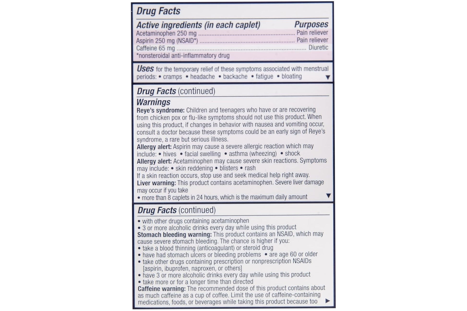 Pamprin menstrual cramps and water weight gain relief caplets blister pack.