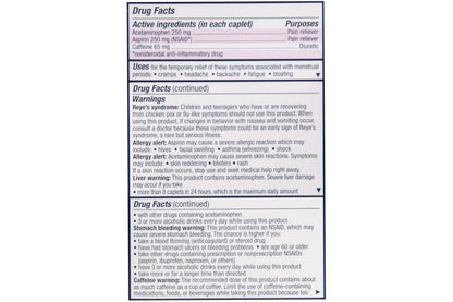 Pamprin menstrual cramps and water weight gain relief caplets blister pack.