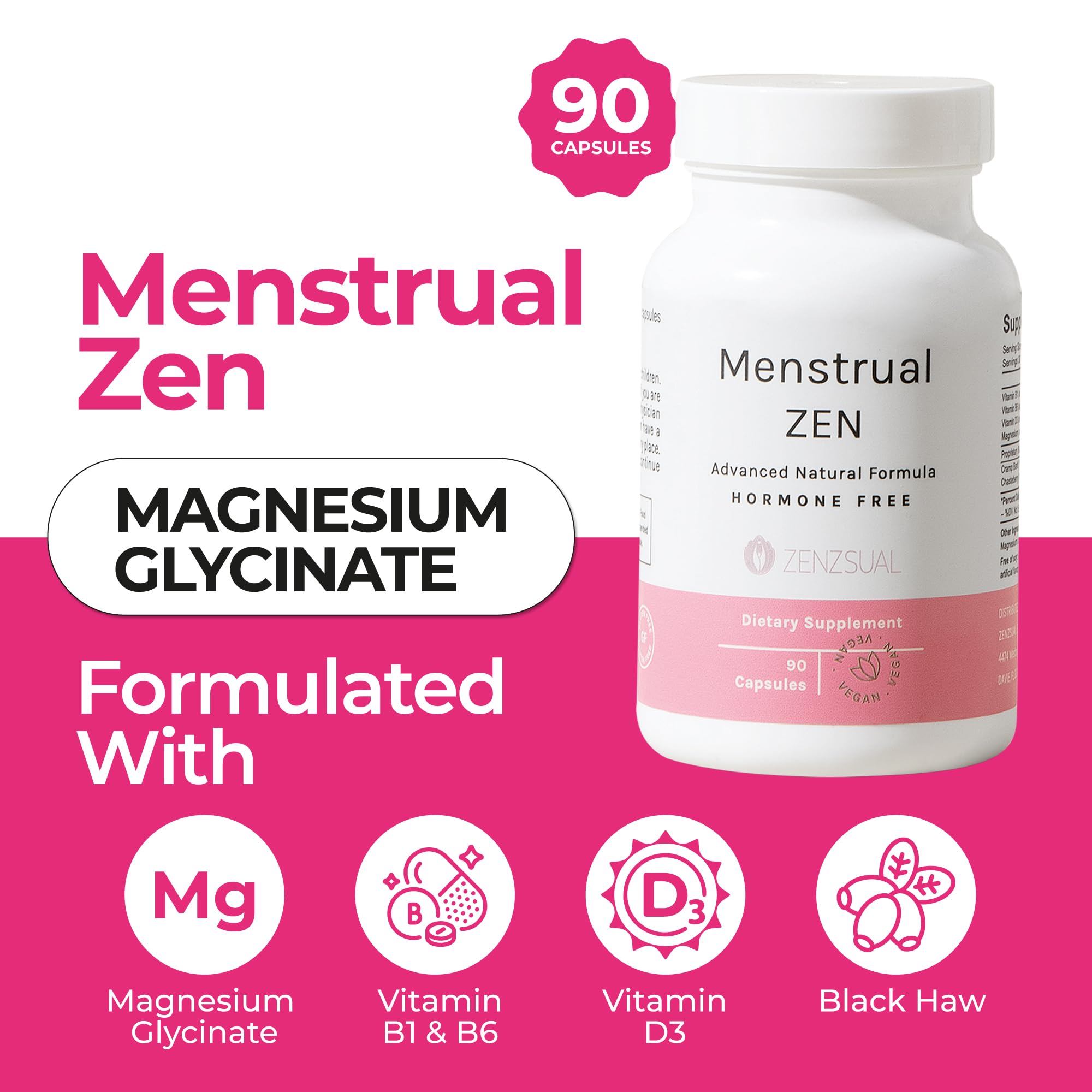 ZENZSUAL Menstrual Zen dietary supplement packaging showing hormone free ingredients label.