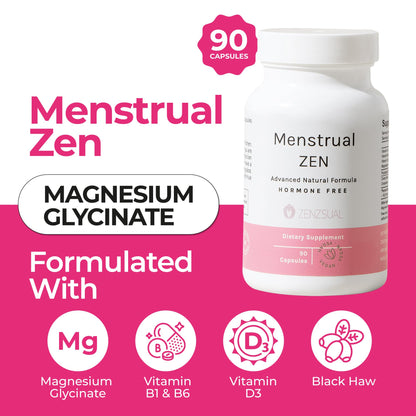 ZENZSUAL Menstrual Zen dietary supplement packaging showing hormone free ingredients label.