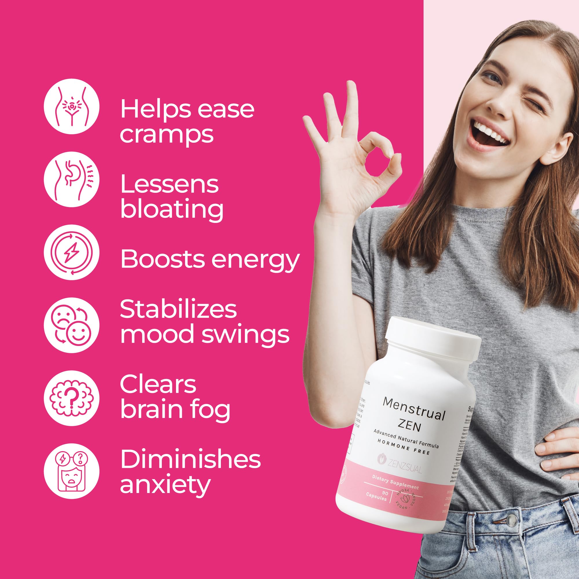 ZENZSUAL Menstrual Zen premium imported supplement for reducing period bloating.