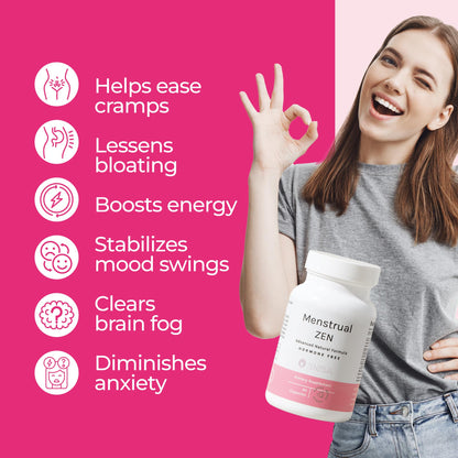 ZENZSUAL Menstrual Zen premium imported supplement for reducing period bloating.